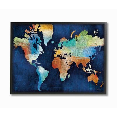 Stupell Industries World Map Modern Rainbow Textured, Design by Michael Mullen Wall Art, 16 x 20, Black Framed