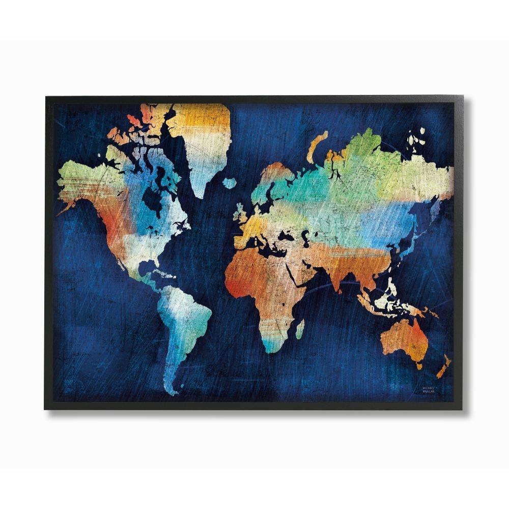 Stupell Industries World Map Modern Rainbow Textured, Design by Michael Mullen Wall Art, 16 x 20, Black Framed