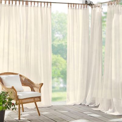Elrene Home Fashions Darien Weatherproof Tab-Top Sheer Solid Color Indoor/Outdoor Curtain Panel for Porch, Pergola, Patio, Deck, 52W x 108L, Ivory