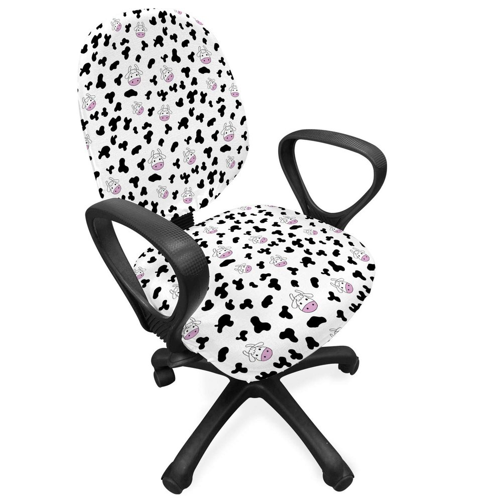 Ambesonne Cow Print Office Chair Slipcover, Animal Cow Hide Pattern Doodle Cartoon Drawing Farming Husbandry, Protective Stretch Decorative Fabric Cover, Standard Size, Black White Lilac