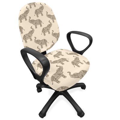 Ambesonne Elephant Office Chair Slipcover, Hand Drawn Zentangle Patterned Repetitive Illustration, Protective Stretch Decorative Fabric Cover, Sepia and Champagne