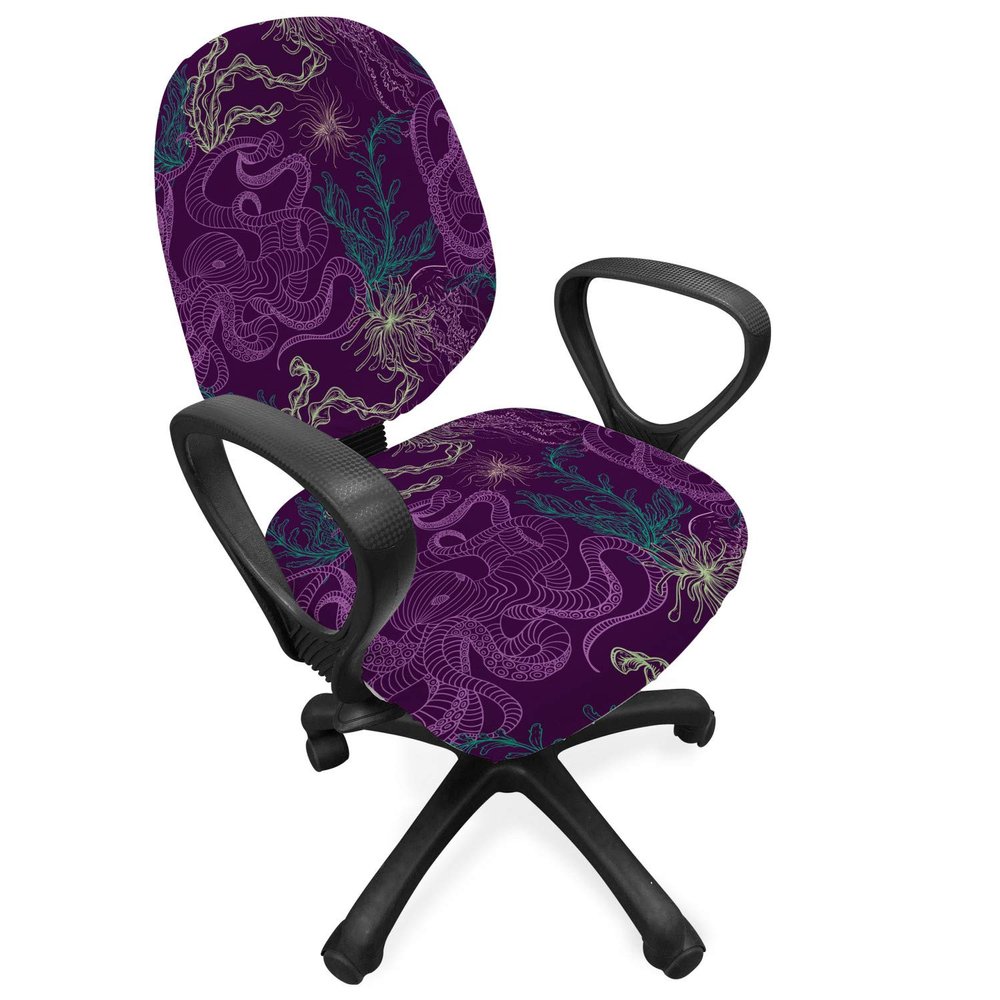 Ambesonne Octopus Office Chair Slipcover, Art Animal Pattern Jellyfish Marine Plants and Seaweed, Protective Stretch Decorative Fabric Cover, Standard Size, Purple Green