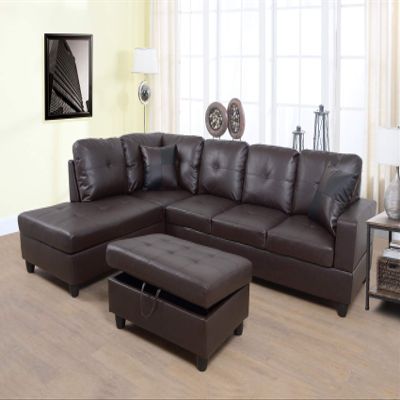 A Ainehome 3 PCS Living Room Set, Sectional Sofa Set, L-Shape Couch in Home, with Storage Ottoman and Matching Pillows (Brown,Left Hand Facing)