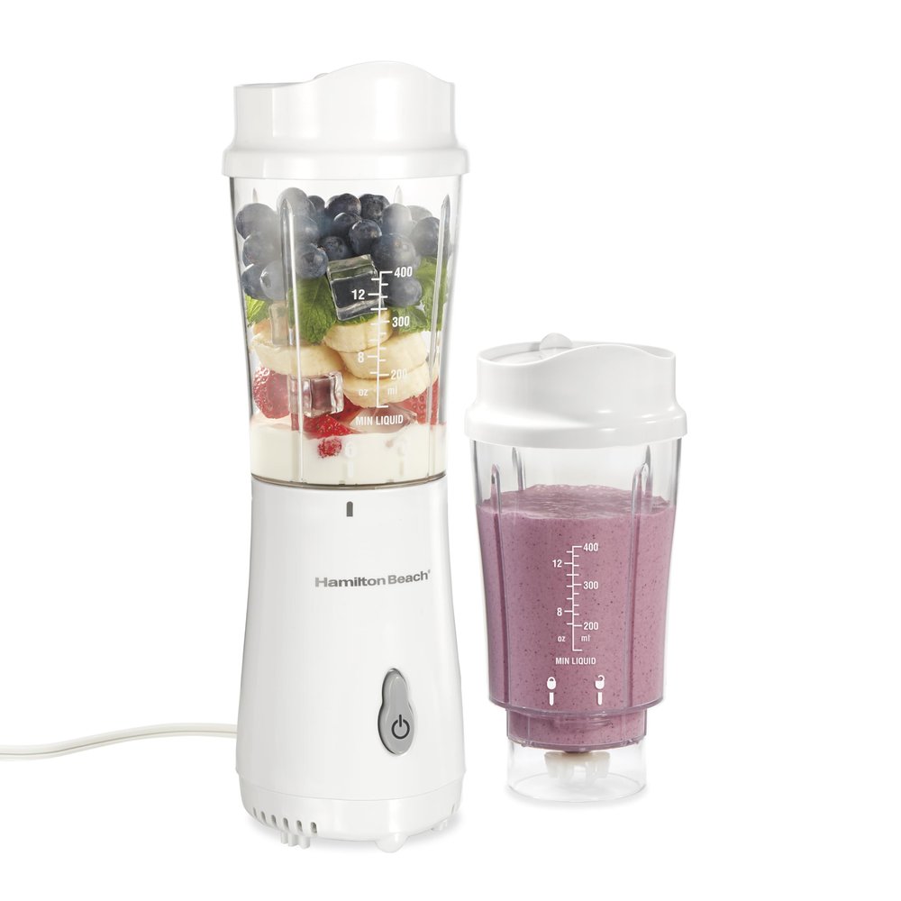 Hamilton Beach Portable Blender for Shakes and Smoothies, 14 Oz BPA Free Travel Cup & Lid, Durable Stainless Steel Blades, Personal Smoothie Blender, 2 Jars - White (51102V)