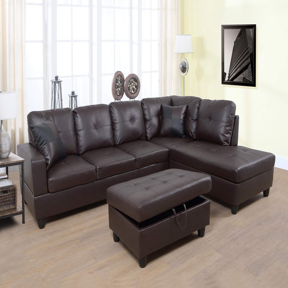 A Ainehome 3 PCS Living Room Set, Sectional Sofa Set, L-Shape Couch in Home, with Storage Ottoman and Matching Pillows (Brown,Right Hand Facing)