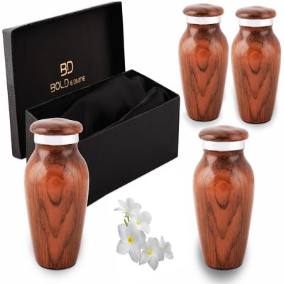 BOLD & DIVINE Wooden Textured Theme Keepsake Urn | Human Ashes Memorial Urn, Burial, Funeral Cremation Urns (Red Cherry Wood, Set of 4_Mini)