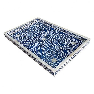 Beautifully Handcrafted Antique Bone Inlay Serving Tray | Decorative Food Platter | Blue Colour Home Decor Tray | Wooden Tray | Handcrafted Ottoman Tray - Fairdeal Handicrafts
