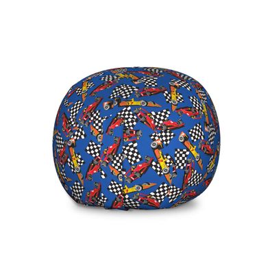 Ambesonne Race Car Storage Toy Bag Chair, Cartoon Style Interpretation of Checkered Flags and Automobile, Stuffed Animal Organizer Washable Bag, Large Size, Cobalt Blue