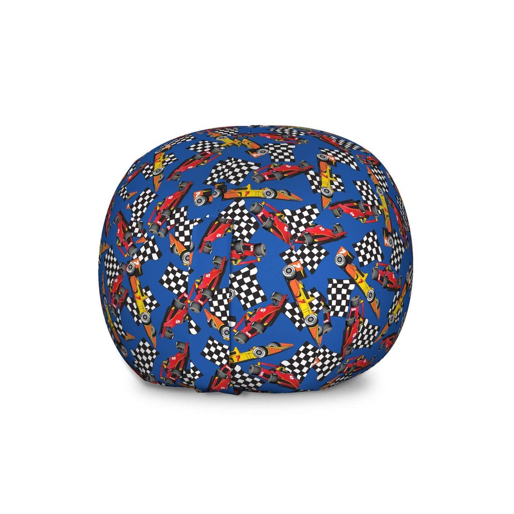Ambesonne Race Car Storage Toy Bag Chair, Cartoon Style Interpretation of Checkered Flags and Automobile, Stuffed Animal Organizer Washable Bag, Large Size, Cobalt Blue