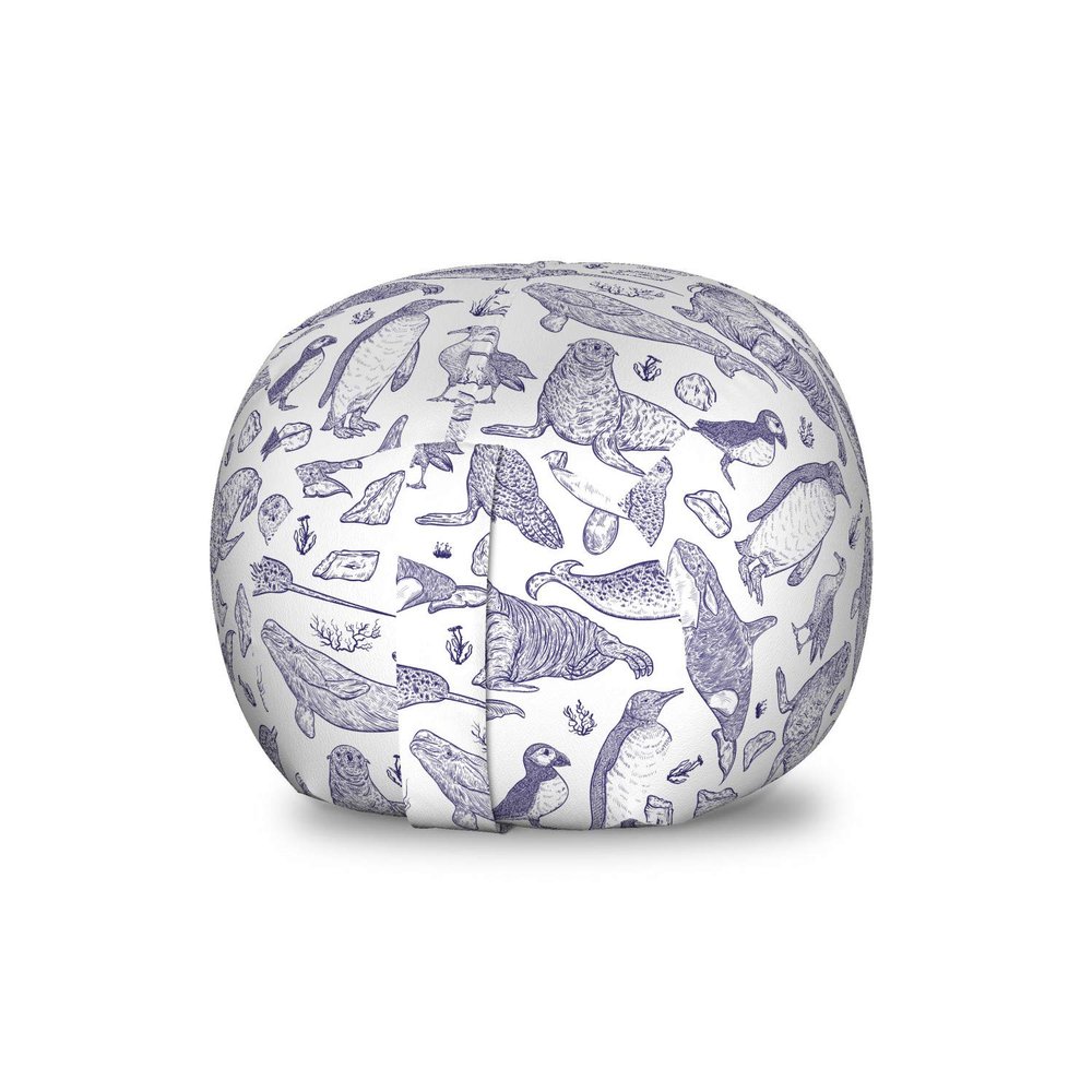 Ambesonne Animal Storage Toy Bag Chair, Sketchy Drawn Arctic Narwhal Snowy Owl Albatross Beluga Whale Penguin, Stuffed Animal Organizer Washable Bag, Small Size, Indigo White