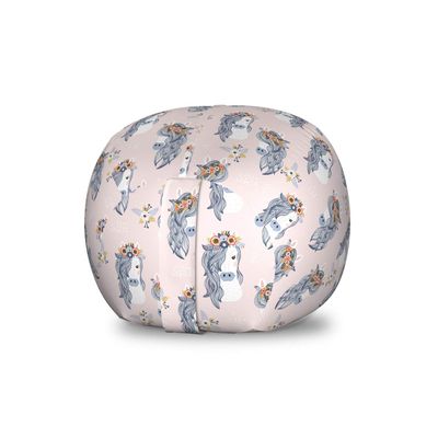 Ambesonne Pastel Storage Toy Bag Chair, Horses and Flower Bouquets on The Head Tattoo Style Floral Wreath Pattern, Stuffed Animal Organizer Washable Bag, Small Size, Rose Blue