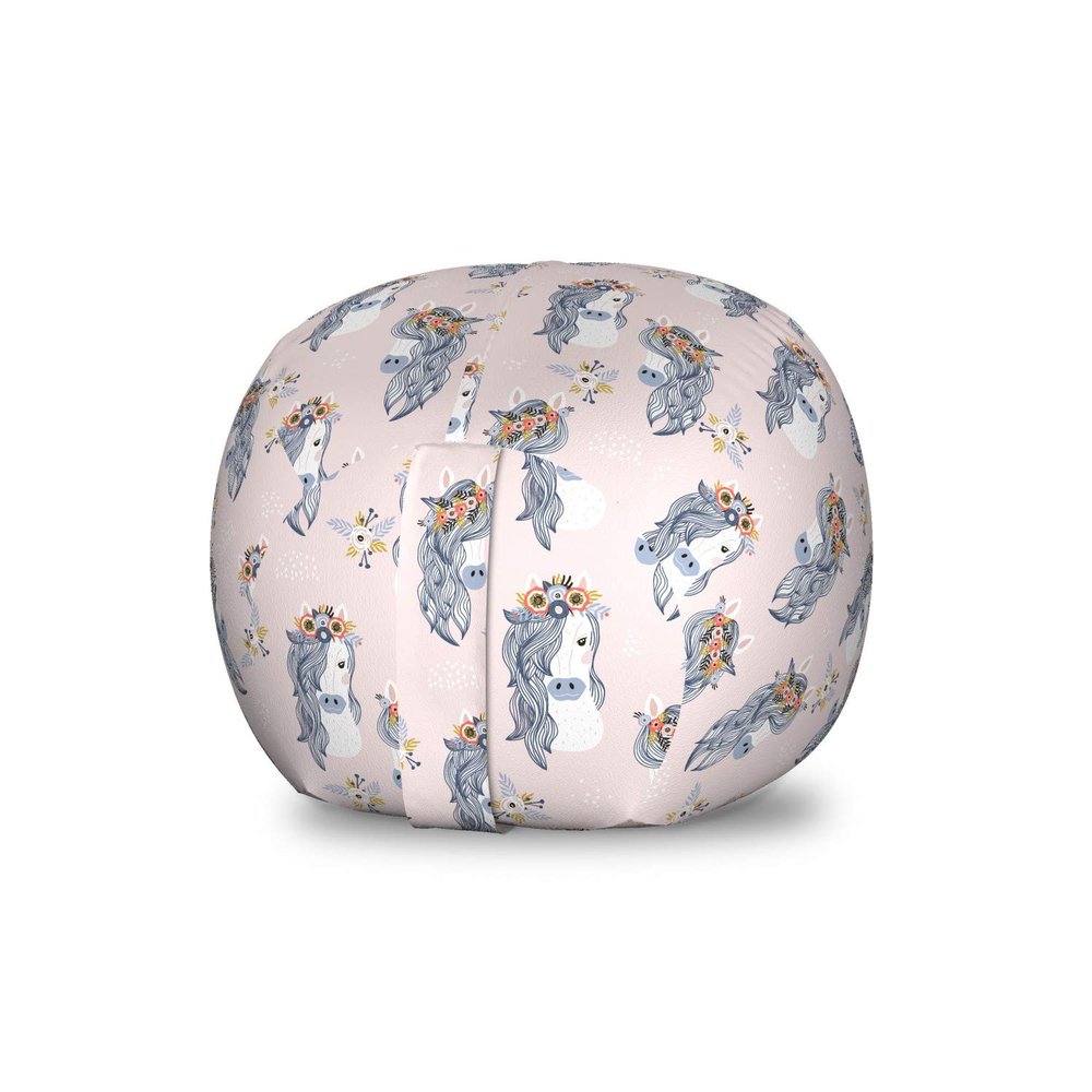 Ambesonne Pastel Storage Toy Bag Chair, Horses and Flower Bouquets on The Head Tattoo Style Floral Wreath Pattern, Stuffed Animal Organizer Washable Bag, Small Size, Rose Blue