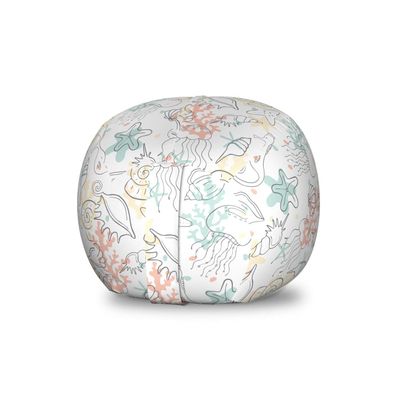 Ambesonne Marine Storage Toy Bag Chair, Underwater Seashells Scallops Starfish Corals Jellyfish Seahorse Ocean Doodle, Stuffed Animal Organizer Washable Bag, Small Size, White Multicolor