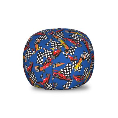 Ambesonne Race Car Storage Toy Bag Chair, Cartoon Style Interpretation of Checkered Flags and Automobile, Stuffed Animal Organizer Washable Bag, Small Size, Cobalt Blue