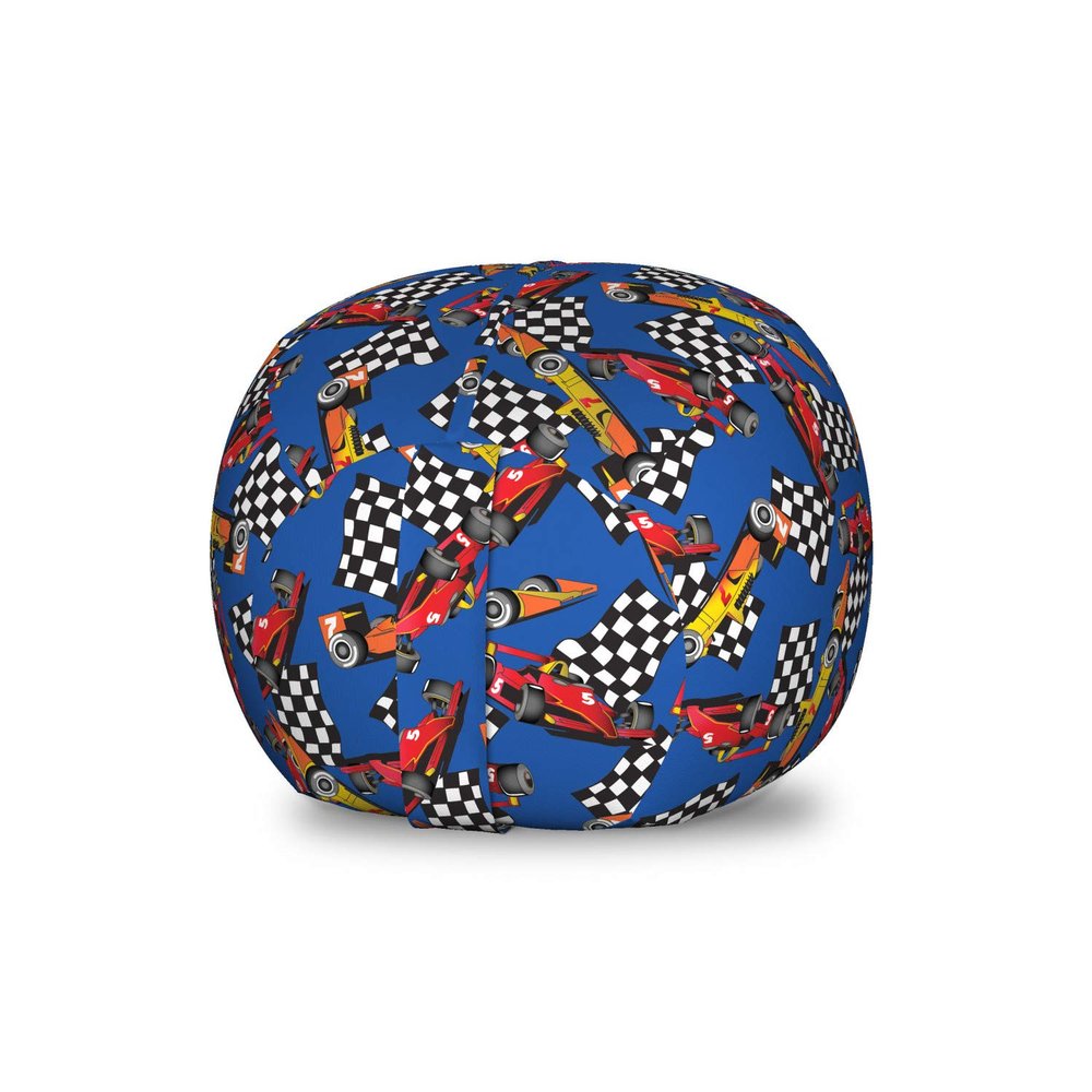 Ambesonne Race Car Storage Toy Bag Chair, Cartoon Style Interpretation of Checkered Flags and Automobile, Stuffed Animal Organizer Washable Bag, Small Size, Cobalt Blue
