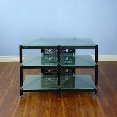 VTI BLG503BF Series- 3 Shelf Audio Rack TV Stand up to 55" TVs with Black Frame, Black Cap/Spikes and Frosted Glass.