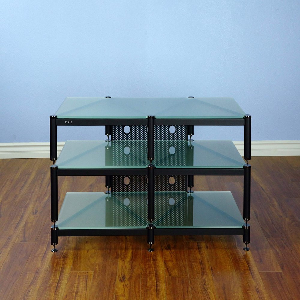 VTI BLG503BF Series- 3 Shelf Audio Rack TV Stand up to 55" TVs with Black Frame, Black Cap/Spikes and Frosted Glass.