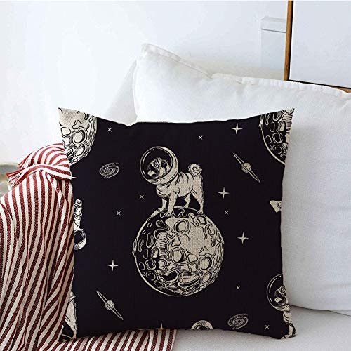 Throw Pillow Covers Pattern Sphere Pugs Space Globe Ship Cosmic Drawn Sky Seamless Helmets Astronauts Planet Textures Decorative Lined Linen Square Pillow Covers for Couch Sofa 18x18 Inch