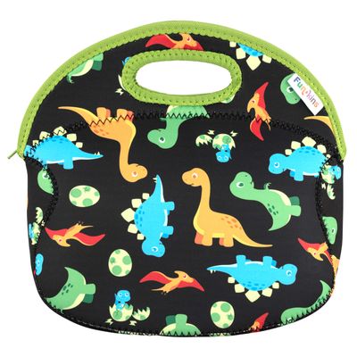 FUN KINS Insulated Lunch Bag for Kids, Spacious, Durable, Machine Washable, Premium Quality, Interior Pocket & Name Tag, Easy to Pack, Folds Flat for Storage, Large Size Lunch Bag (Black Dinosaur)