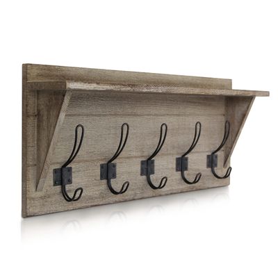HBCY Creations Rustic Wall Mounted Coat Rack with Shelf - Solid Wood 24" Entryway Shelf with 5 Coat Hangers. Perfect Touch for Your Entryway, Mudroom, Kitchen, Bathroom and More, Weathered Brown