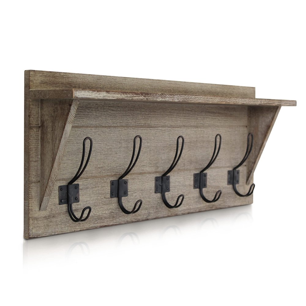 HBCY Creations Rustic Wall Mounted Coat Rack with Shelf - Solid Wood 24" Entryway Shelf with 5 Coat Hangers. Perfect Touch for Your Entryway, Mudroom, Kitchen, Bathroom and More, Weathered Brown