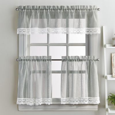 CHF Delicate Lace 3-Piece Kitchen Curtain Tier and Valance Set, Grey