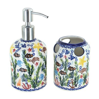 Blue Rose Polish Pottery - Yellow Atlantis Soap Dispenser & Toothbrush Holder - 1 Set - Hand-Painted Polish Pottery Ceramic Bathroom Set