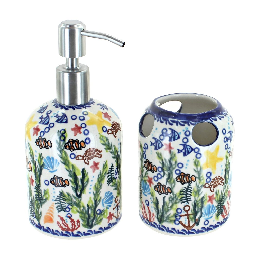 Blue Rose Polish Pottery - Yellow Atlantis Soap Dispenser & Toothbrush Holder - 1 Set - Hand-Painted Polish Pottery Ceramic Bathroom Set