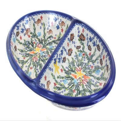 Blue Rose Polish Pottery - Yellow Atlantis Large Divided Dish - 14.75" Long - Unique Dish for Appetizers, Nuts, or Candy