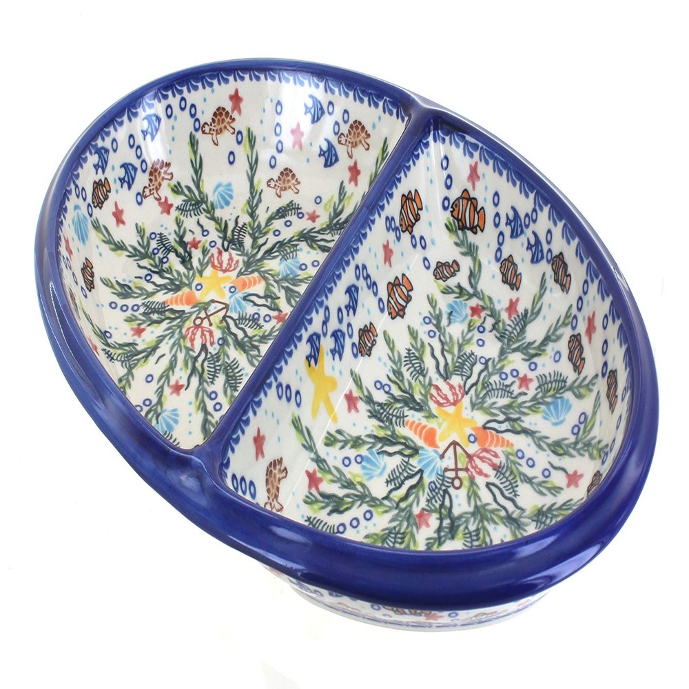Blue Rose Polish Pottery - Yellow Atlantis Large Divided Dish - 14.75" Long - Unique Dish for Appetizers, Nuts, or Candy