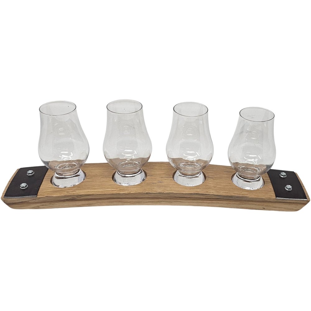 Barrel-Art Premium 4 Glass Whiskey Flight/Natural (light Oak)/ Crystal Glasses