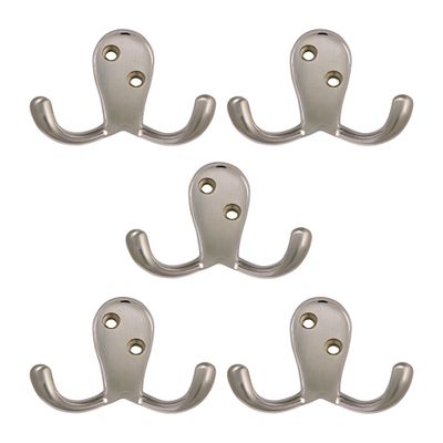 Design House 207720 Wall-Mounted Double Hook for Coat Hat Towel Robe in Bathroom or Closet Satin Nickel 5-Pack