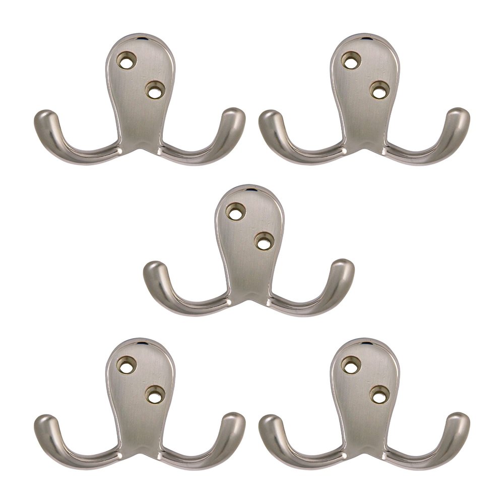 Design House 207720 Wall-Mounted Double Hook for Coat Hat Towel Robe in Bathroom or Closet Satin Nickel 5-Pack