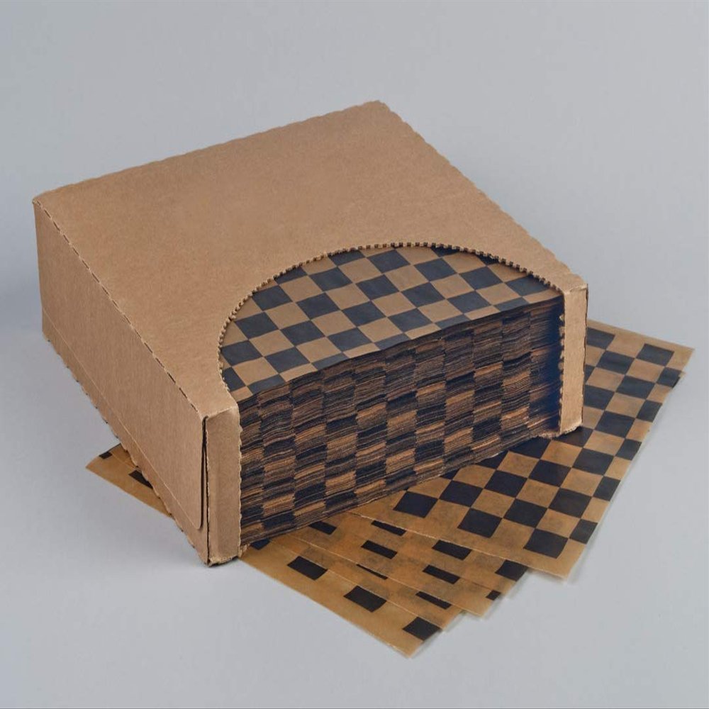 12x12 Waxed Natural Kraft Sheet, Black Checkered, Basket Liner or Sandwich Wrap, 1000 Sheets Per Box, Brown Paper Goods 7B4NK-BK