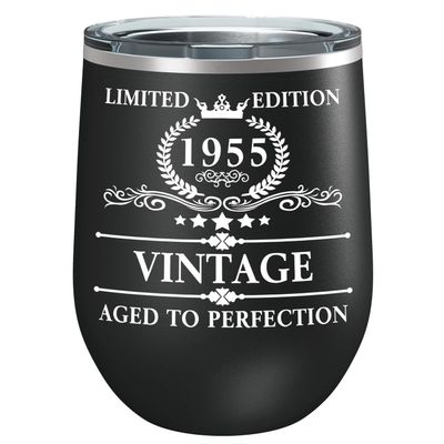 1955 68th Birthday Gifts For Women - Funny Vintage 68th Party Decoration for Her Ideal Unique Personalized Anniversary Reunion Present on 12 oz Black Wine Tumbler