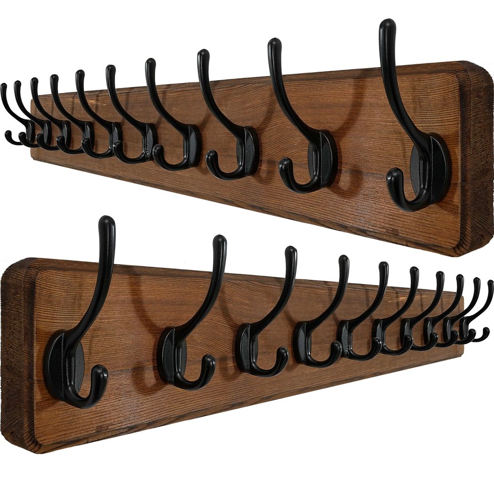 WEBI Coat Rack Wall Mount,10 Hooks,38 9/16" Long Coat Hooks Wall Mounted Rustic,16" Hole to Hole,Wood Coat Hanger Wall,Hook Rack Hooks for Hanging Coats,Jacket,Clothes,Hats,2 Packs