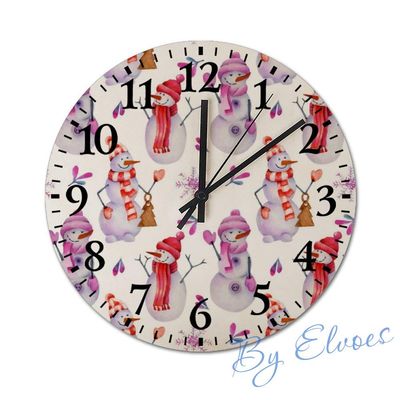 Wood Clocks 12'' Round Wooden Wall Clock Silent Non-Ticking Easy to Read Decorative for Living Room Bedroom Home - Christmas Pink Snowmans in Hat Watercolor