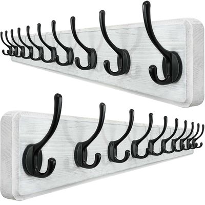 WEBI Coat Rack Wall Mount,10 Hooks,38 9/16" Long Coat Hooks Wall Mounted,16" Hole to Hole,Large Wood Coat Hanger Wall,Hook Rack for Hanging Coats,Jacket,Clothes,Hats,Black/White,2 Packs