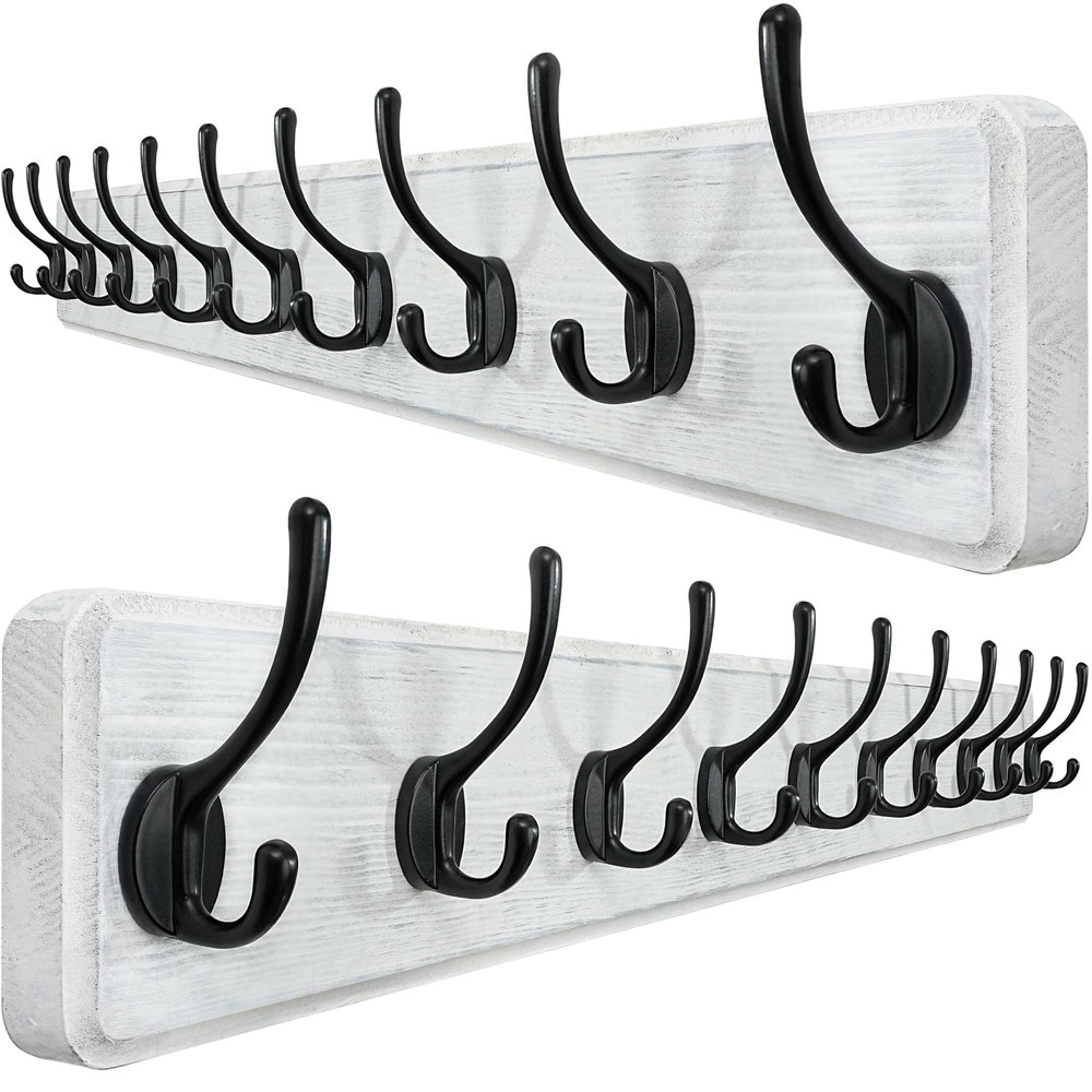 WEBI Coat Rack Wall Mount,10 Hooks,38 9/16" Long Coat Hooks Wall Mounted,16" Hole to Hole,Large Wood Coat Hanger Wall,Hook Rack for Hanging Coats,Jacket,Clothes,Hats,Black/White,2 Packs