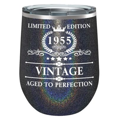 1955 68th Birthday Gifts For Women - Funny Vintage 68th Party Decoration for Her Ideal Unique Personalized Anniversary Reunion Present on 12 oz Black Glitter Wine Tumbler