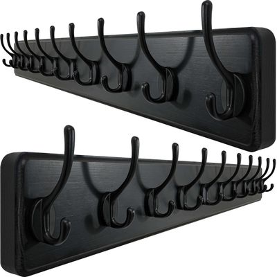 WEBI Coat Rack Wall Mount,10 Hooks,38 9/16" Long Coat Hooks Wall Mounted,16" Hole to Hole,Large Wood Coat Hanger Wall,Hook Rack for Hanging Coats,Jacket,Clothes,Hats,Black,2 Packs