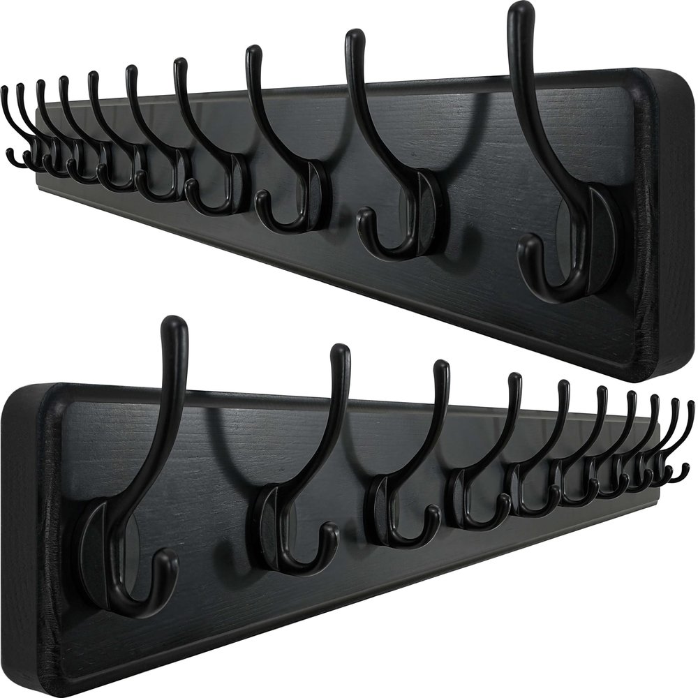WEBI Coat Rack Wall Mount,10 Hooks,38 9/16" Long Coat Hooks Wall Mounted,16" Hole to Hole,Large Wood Coat Hanger Wall,Hook Rack for Hanging Coats,Jacket,Clothes,Hats,Black,2 Packs