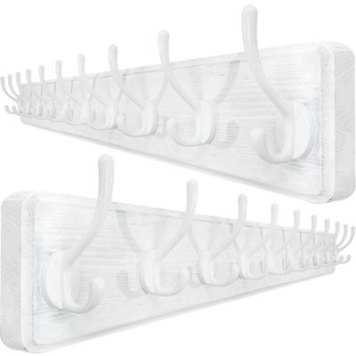 WEBI Coat Rack Wall Mount,10 Hooks,38 9/16" Long Coat Hooks Wall Mounted Large,16" Hole to Hole,Wood Coat Hanger Wall,Hooks for Hanging Coats,Jacket,Clothes,Hats,White,2 Packs