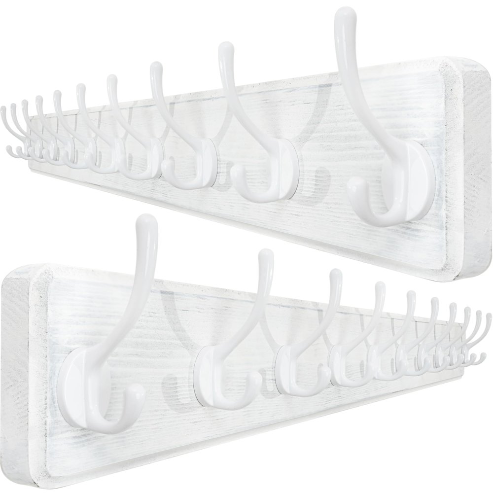 WEBI Coat Rack Wall Mount,10 Hooks,38 9/16" Long Coat Hooks Wall Mounted Large,16" Hole to Hole,Wood Coat Hanger Wall,Hooks for Hanging Coats,Jacket,Clothes,Hats,White,2 Packs