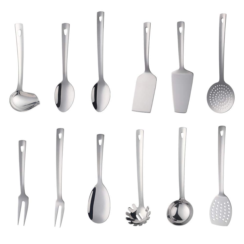 Stainless Steel Kitchen Utensil Set, BuyGo 12-Piece Silver Cooking Utensils with Integrated Hanging Loop, Mirror Polish and Dishwasher Safe