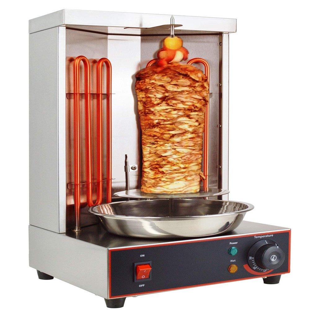 Li Bai Shawarma Machine Electric Vertical Kebab Grill Gyro Rotisserie Oven Meat Broiler with 2 Heating Tubes Stainless Steel Body 110V For Home Restaurant KitchenRegistered Design Patent