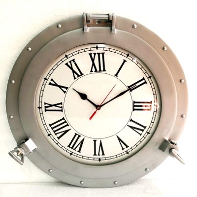 Antique Marine 20" Brass Ship Silver Porthole Clock Nautical Wall Clock Home Decor