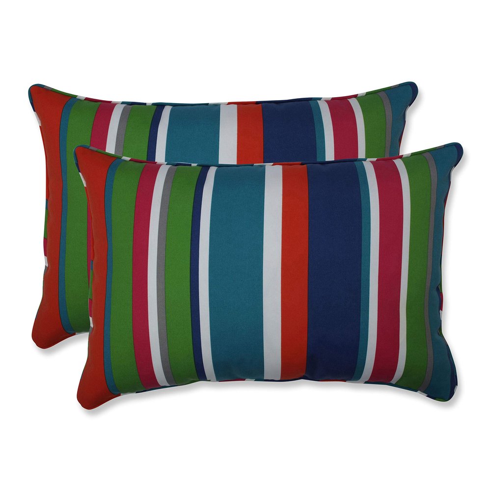 Pillow Perfect Stripe Indoor/Outdoor Accent Throw Pillow, Plush Fill, Weather, and Fade Resistant, Large Lumbar - 16.5" x 24.5", Blue/Green St. Lucia, 2 Count