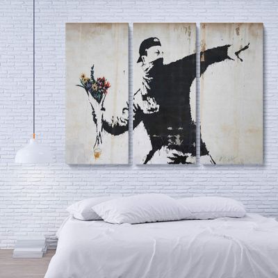 BANKSY - Flower Thrower - Canvas Wall Art Framed Print - Various Sizes (3 Piece Large)