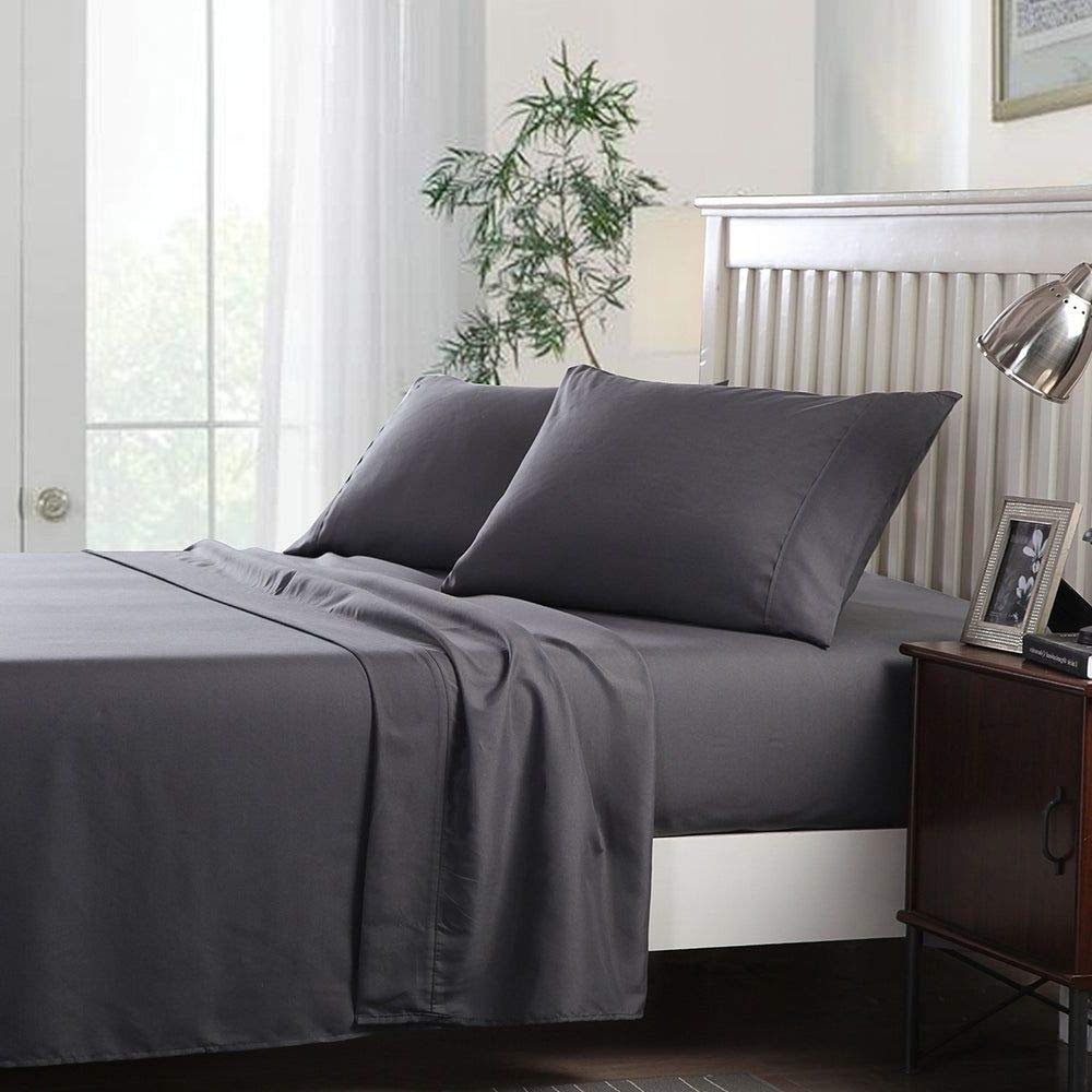 3 Piece Modern Cool Breathable Luxury Sheet, Beautiful Elegant Design 2200 Thread Count Solid Dark Grey Egyptian Cotton Sheets, Deep Pocket Fading Wrinkle Shrink Resistant Silky Soft Bed Sheets Twin